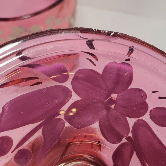 Cranberry Style Glass Lidded Candy Jar with White Hand-Painted Detail - Picture 7 of 9